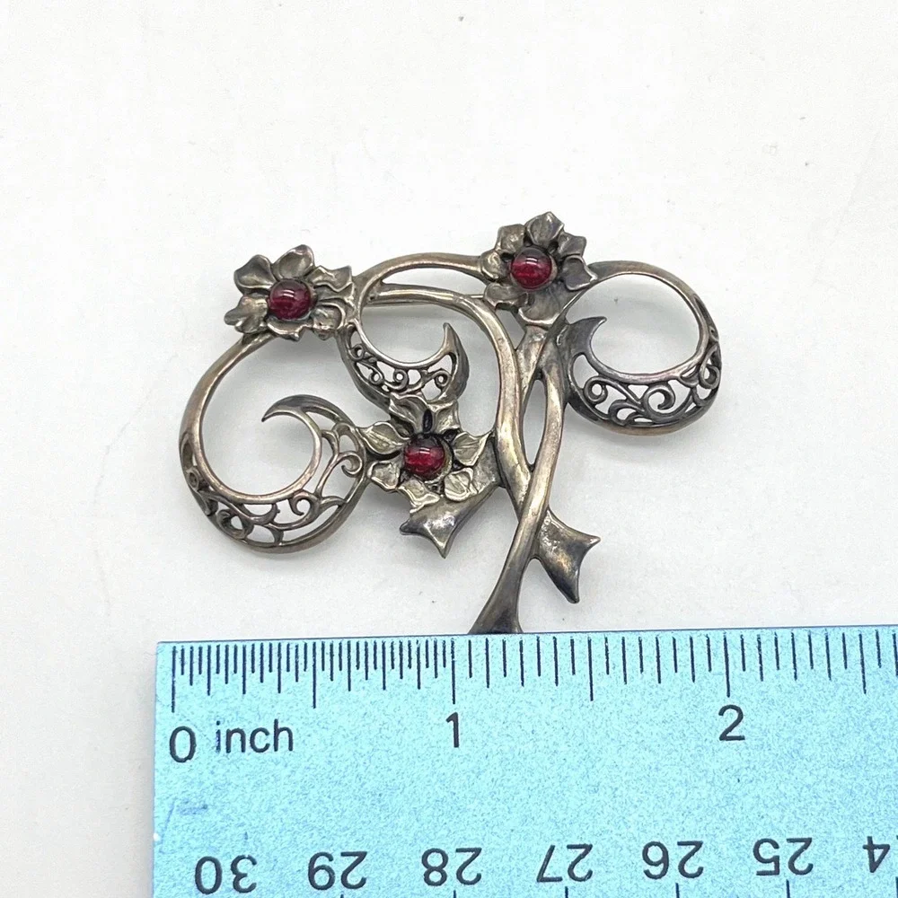 Vintage Jezlaine Sterling Silver 925 Floral Brooch Pin Red Stone Flower Filigree